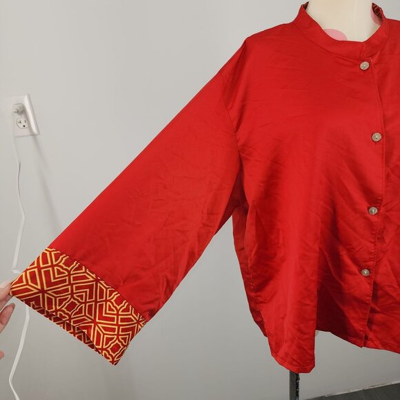 Women's Natori Chinese Style Button Down Blouse Wide Sleeves XL Red Shiny Look - Picture 3 of 7
